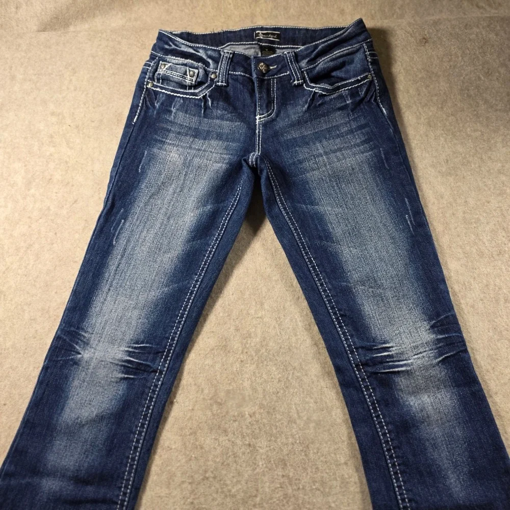 Soundgirl Womens Bootcut Jeans Dark Wash Embroidered Studded Pockets Size 7 Y2K